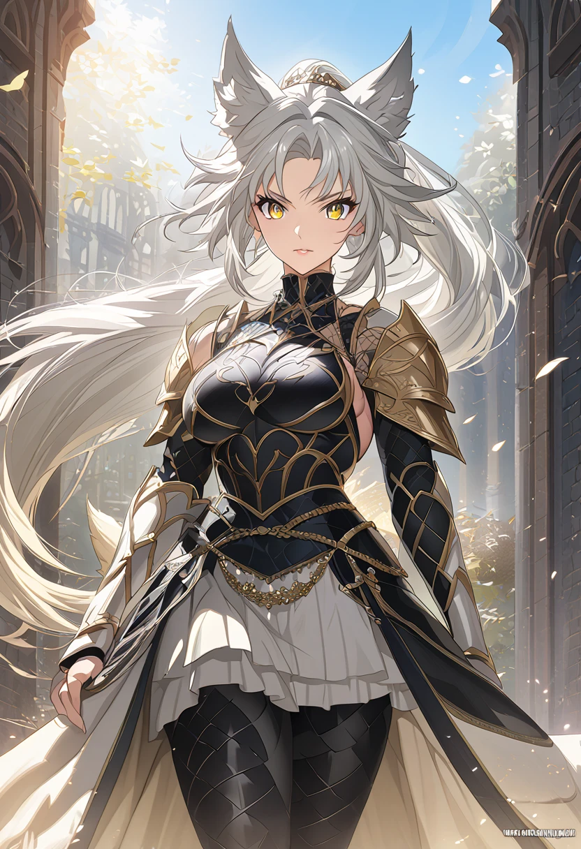 beautiful anime woman in knight armor, wolf ears, wolf tail, half wolf and half human, yellow eye color, white hair in a ponytail, feminine ass and hips, light novel art, detailed anime art, 4k, anime, cute confident expression, warrior, cool, pretty, warrior princess, elegant, regal, royal, sexy, thicc, wearing a skirt and leggings, close up shot