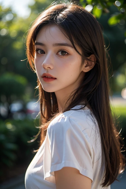 a beautiful picture of girl,brown hair, green eyes, detailed skin texture,masterpiece, face focus, photorealistic, woman, 4k, HDR, backlighting, bloom, light, RAW color photo,(fully in frame:1.1), (blush:0.5), (goosebumps:0.5), wearing a blouse, photorealistic, cinematic lighting