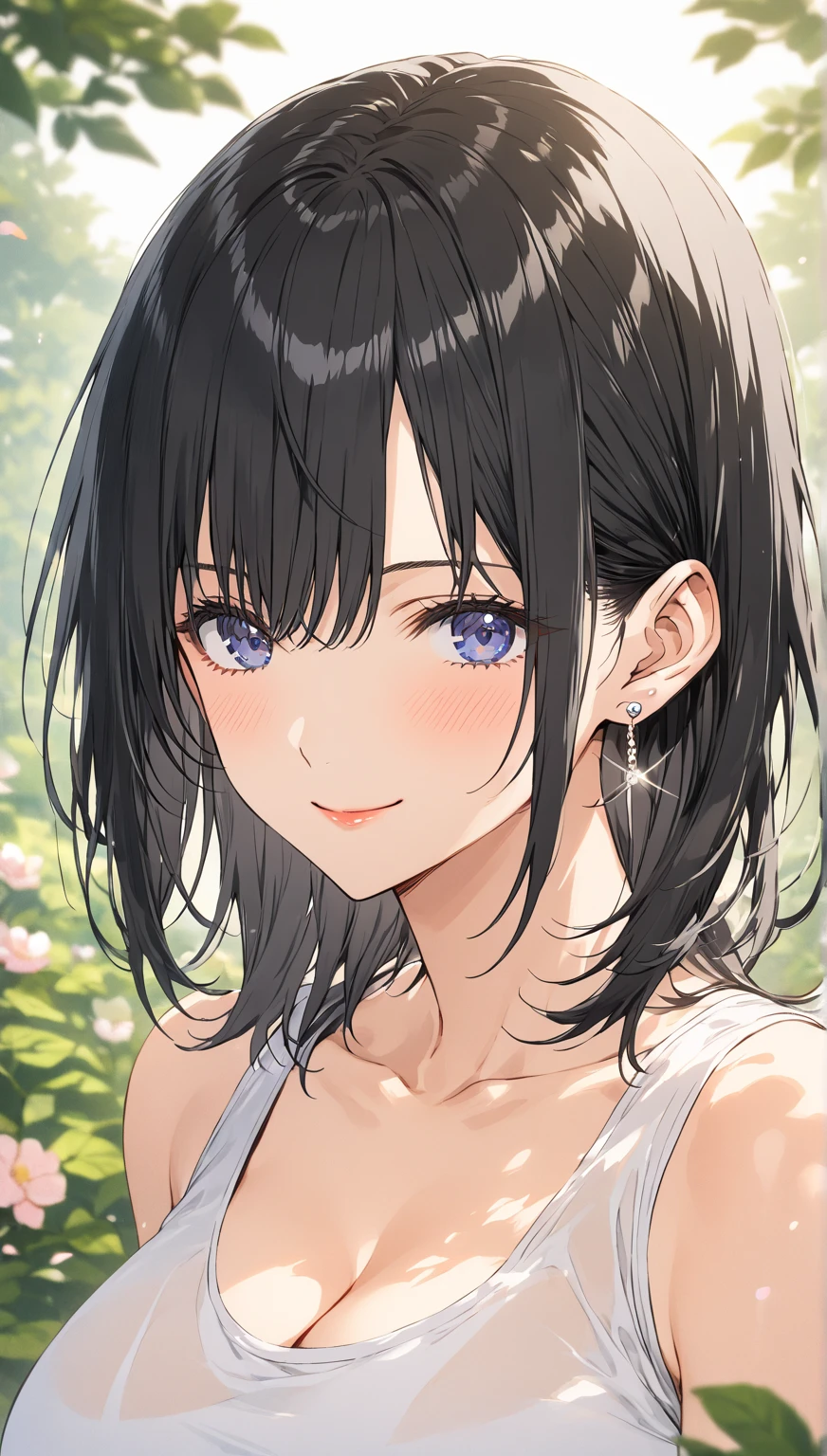 portrait, ((highest quality)), ((masterpiece)), (detailed), solo, young mature woman, shiny skin, glossy skin, black short hair, blue eyes, mouth close, smile, peaceful park, She wears a fitted white crop tank top(semi transparent) paired with black leggings and white running shoes. Her short black hair is slightly tousled, and her silver earrings peek out subtly. the background showing a jogging trail surrounded by lush greenery and blooming flowers, silver earrings glint subtly, big breast, cleavage, ((depth of field, focus))