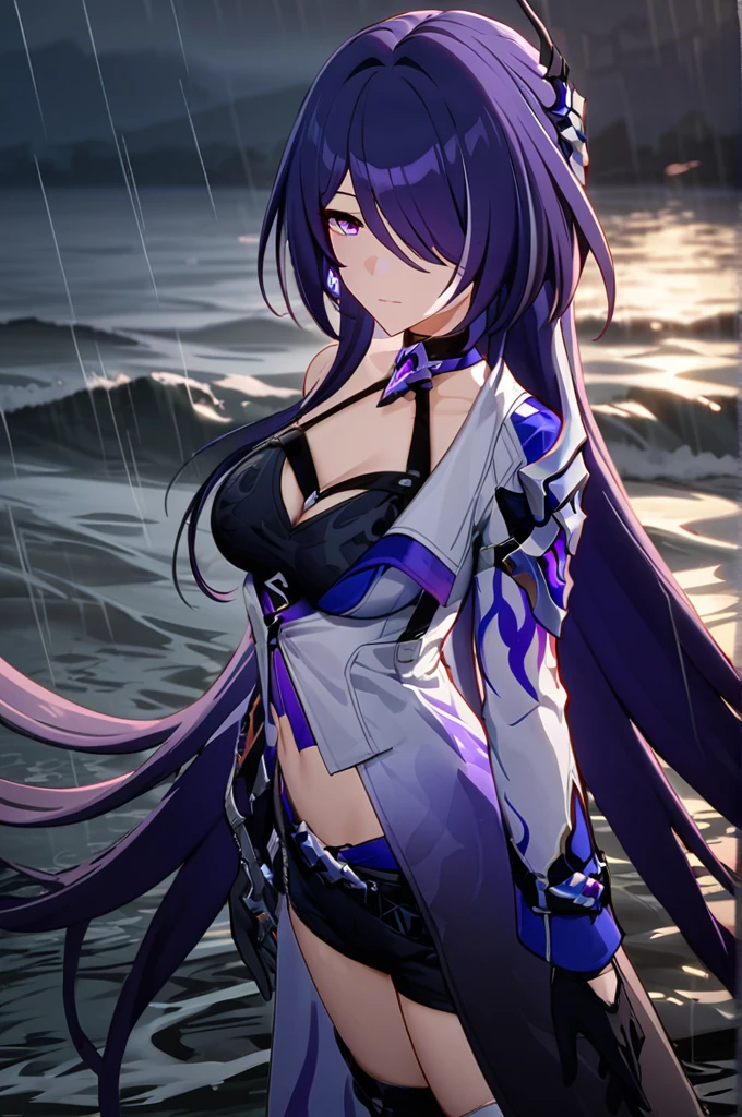 ((masterpiece)),(( best quality)), high definition ,High-definition CG, perfect lighting,8k wallpaper,
 one girl ,Acheron \(Honkai: star rail \), purple hair, very long hair, purple eyes,  Reach Out to Viewers Wear a ,black sea water,rain,water,Gloves,
