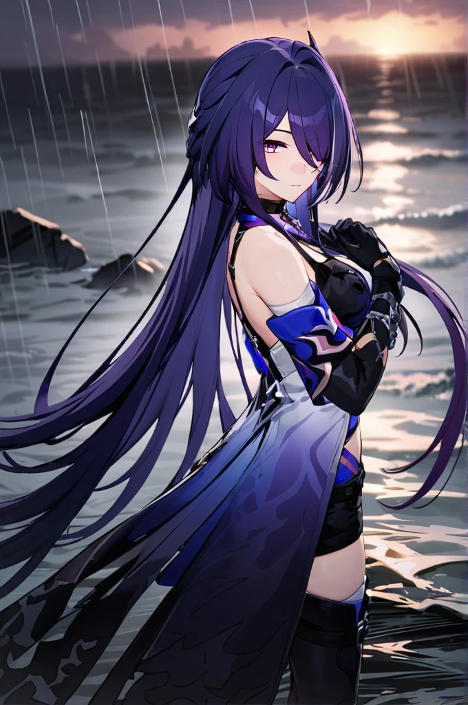 ((masterpiece)),(( best quality)), high definition ,High-definition CG, perfect lighting,8k wallpaper,
 one girl ,Acheron \(Honkai: star rail \), purple hair, very long hair, purple eyes,  Reach Out to Viewers Wear a ,black sea water,rain,water,Gloves,
