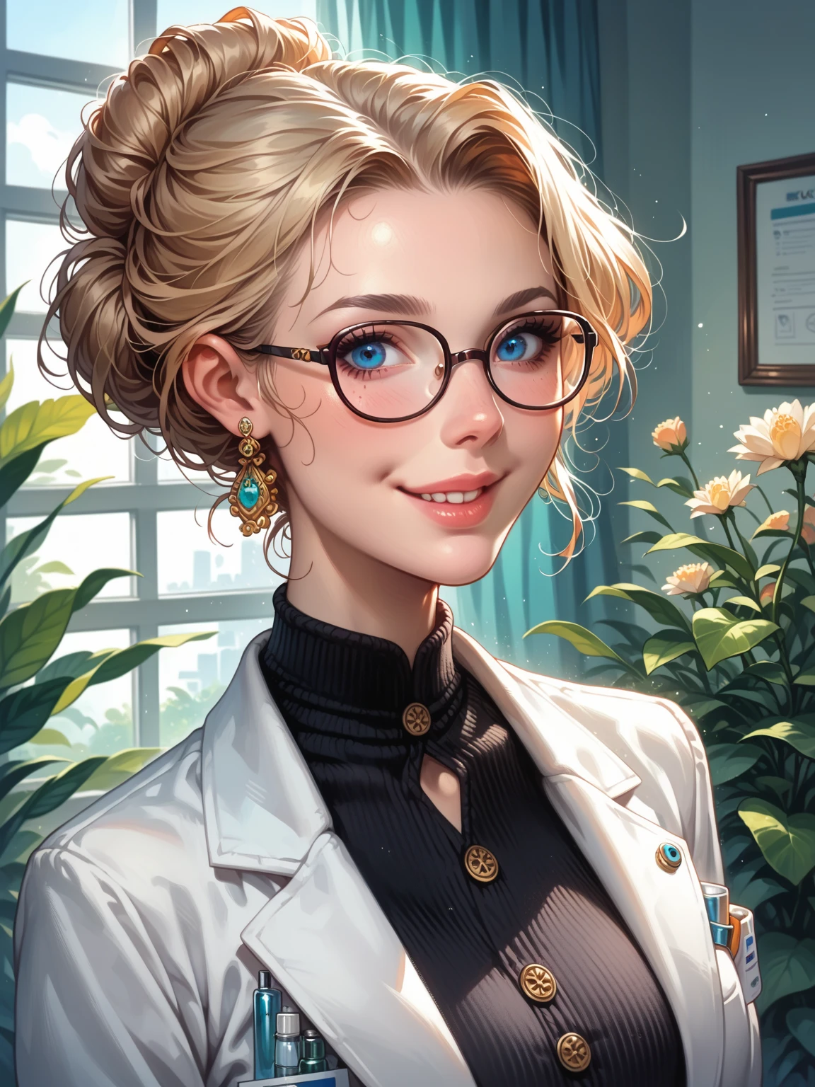 (Highest quality, High resolution, Very detailed),1 girl, Beautiful and elegant light blue eyes perfect eyes,, lady, scientist, smooth face, European face, Blonde Hair, short hair, single big hair bun, Wearing a suit, Mature Woman, Age 25, Cruel smile, Calm and Calm, Slim figure, Pale complexion, thin, Calm, white lab coat, black pants, black shirt, blue eyes, glasses, looking to the viewer in a sidelong glance, full head, figure visible up to waist 