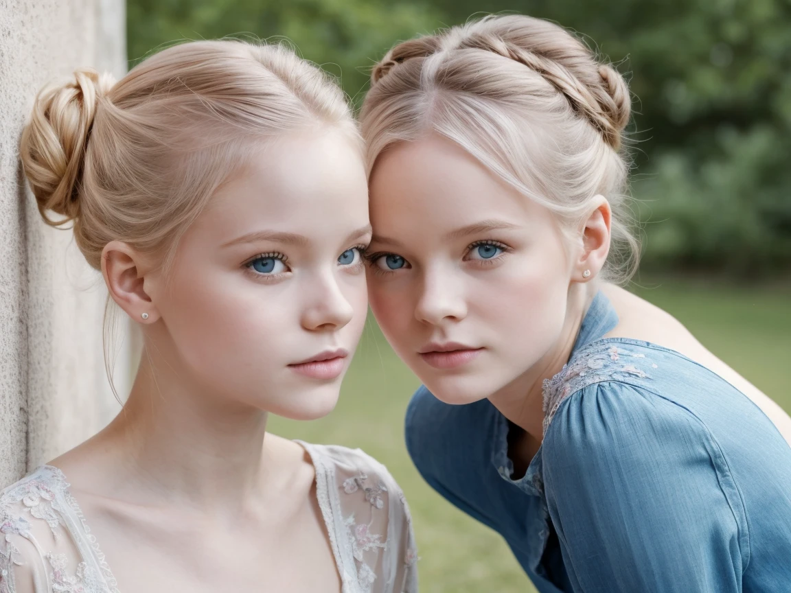 GIRLS VAMPIRE CHILDREN, RED EYES. And BRAIDED BLONDE HAIR, RED BACKGROUND.