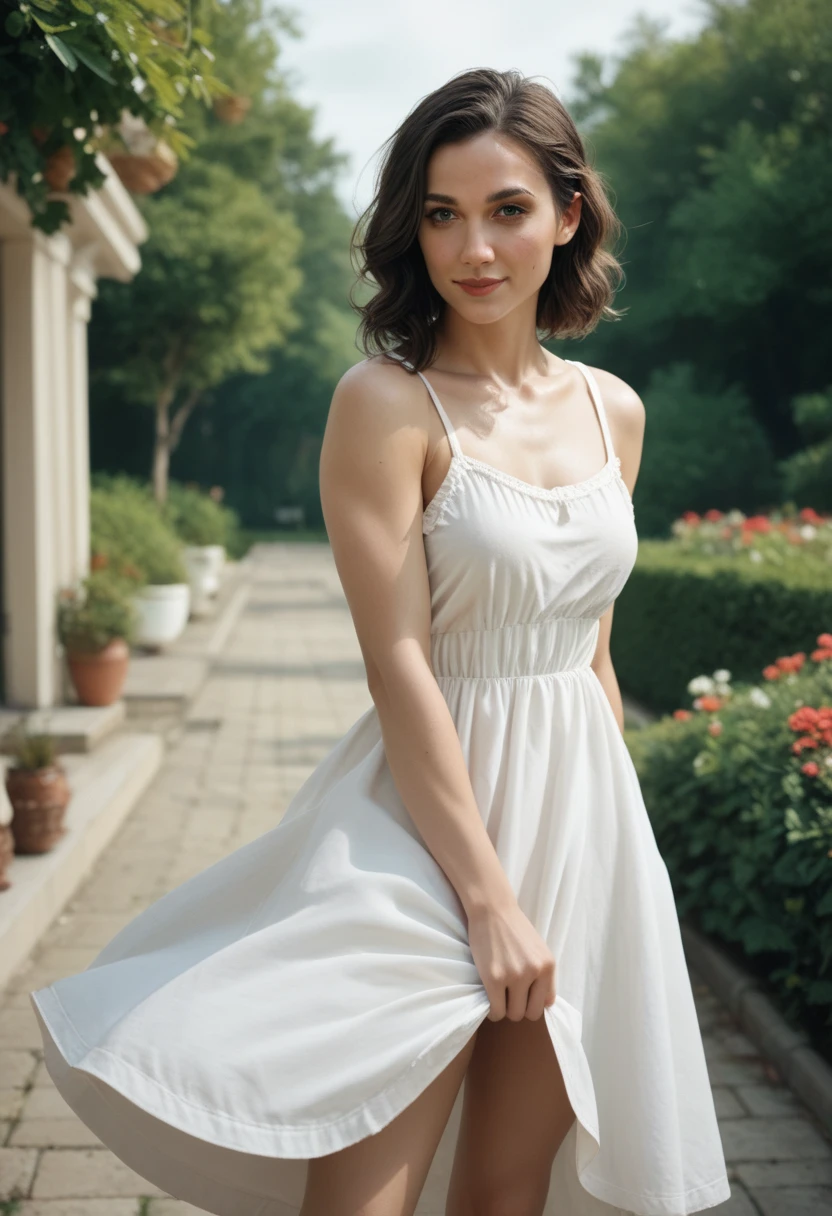 , look at viewr, french braid hair , Flower Holter Dress, cleavage, Garden landscape design, (Rim Light),nudde