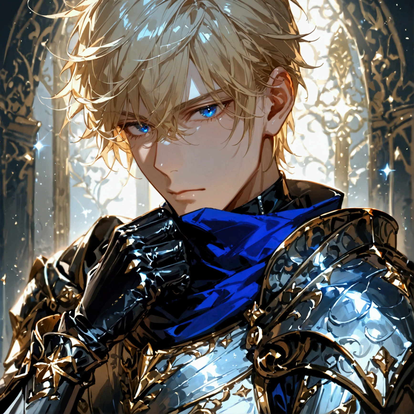 masterpiece,  best quality, 1 person, adult, male focus, Alone, Medium blonde hair, Sparkling Blue Eyes, Gloves,  is watching viewers, Cape,  Available in individual high quality metal textures, Semi-metallic armor,  closed mouth , black metalic Gloves,  upper body, bangs, High collar,(KBXLL-san:0.6),  fantasy aesthetics,  very detailed