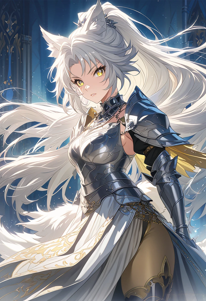 beautiful anime woman in knight armor, wolf ears, wolf tail, half wolf and half human, yellow eye color, white hair in a ponytail, feminine ass and hips, light novel art, detailed anime art, 4k, anime, cute confident expression, warrior, cool, pretty, warrior princess, elegant, regal, royal, sexy, thicc, wearing a skirt and leggings, close up shot of face, detailed beautiful feminine facial features