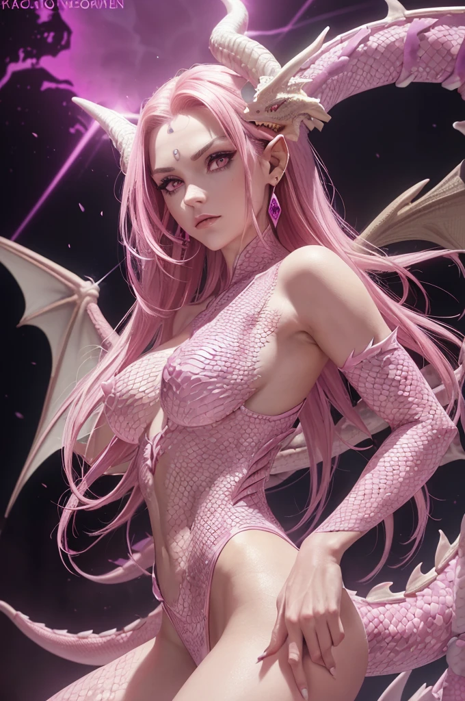 ((pink and purple scaled dragon, dragon teeth, dragon tail, ((sharp-scaled face, turning into a dragon)))), kiper, lupine, tribe of ephraim, irish genes, dark hazel eyes, dragon nose, high forehead, beady hazel eyes, lioness, ginger, feminine energy, (skinny female magician, rough skin), fae copper hair, cyberposh, deep eye pits, (pale-pink skin), slender body, fine detail, earrings, dragon empire, (((woman with the face of a dragon, dragon scales on face)))