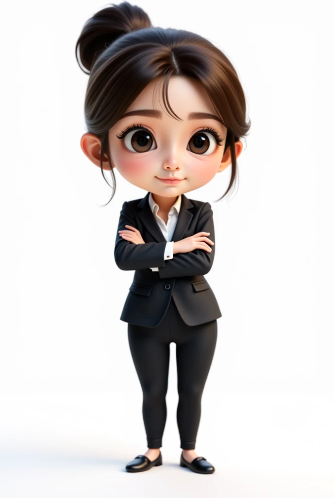 a cute cartoon character in professional outfit, standing full body shot, highly detailed, 4K, 8k, photorealistic, masterpiece, vibrant colors, dynamic lighting, soft ambient lighting, clean professional look, stylized, dynamic pose, confident expression, detailed facial features, big expressive eyes, detailed hair, sharp focus, seamless blending, Studio quality background all white