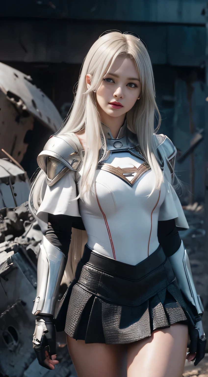 (White Superhero Theme Supergirl),( Apocalyptic city destroyed:1.4),(superchica:1.4), (gray white hair ),More detailed 8K.unreal engine:1.4,UHD,La Best Quality:1.4, photorealistic:1.4, skin texture:1.4, Masterpiece:1.8,first work, Best Quality,object object], (detailed face features:1.3), (Detailed hands:1.4),  with skirt and cape waliking in apocalyptic mecha destroyed city warfare damage vehicles in background 