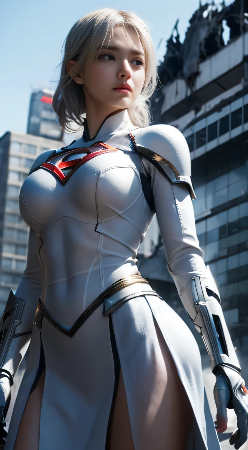 (White Superhero Theme Supergirl),( Apocalyptic city destroyed:1.4),(superchica:1.4), (gray white hair ),More detailed 8K.unreal engine:1.4,UHD,La Best Quality:1.4, photorealistic:1.4, skin texture:1.4, Masterpiece:1.8,first work, Best Quality,object object], (detailed face features:1.3), (Detailed hands:1.4),  with skirt and cape waliking in apocalyptic mecha destroyed city warfare damage vehicles in background 