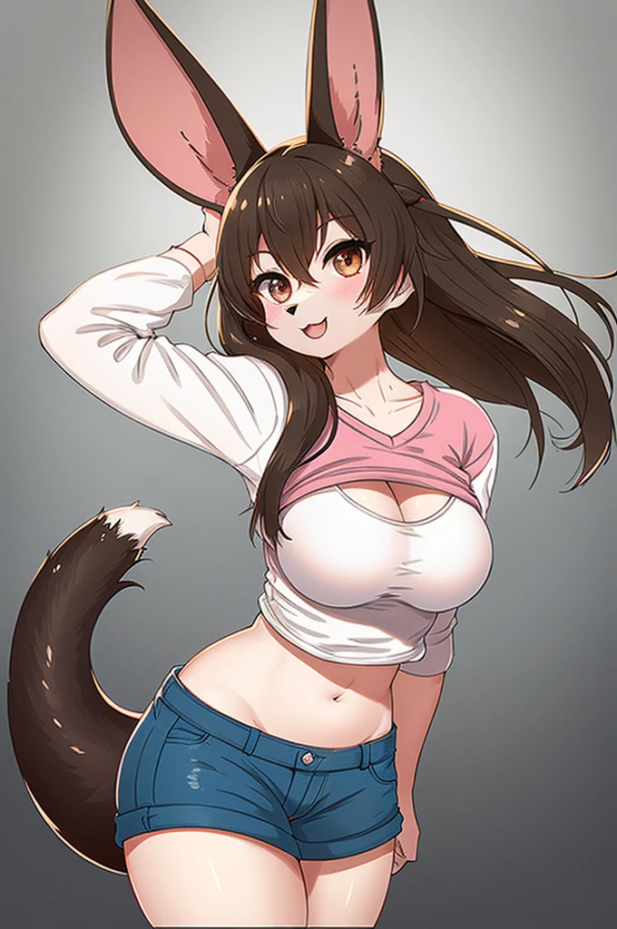  score_9,  score_8_up,  score_7_up,  score_6_up,  score_5_up,  score_4_up, sauce_Anime,  best quality,  amazing quality,  very sophisticated,  absurd, 1 female, ( fur on FL, kemono:1.3), rabbit, white_background, rining:safe, shorts,  1 girl, belly button, Alone, length_hair,  pantyhose,  shirt, short_shorts, 前hair,  shirt_lift, cowboy_shot, brown_hair, Watching_in_ viewer, length_sleeve, smile, pink_eye,  facial _mark,  casual , abdomen, white_ shirt, black_hair,  brown_ legwear ,  standing, lips, chest, stomach, Dolphin_shorts, open_mouth, pink_lips,  gradient , Simple_background,  gradient _background, animal ears  ,(Animal Nose, triangular nose  ),  fox ears, ((bushy Tail, Tail)),  fluffy fur ,