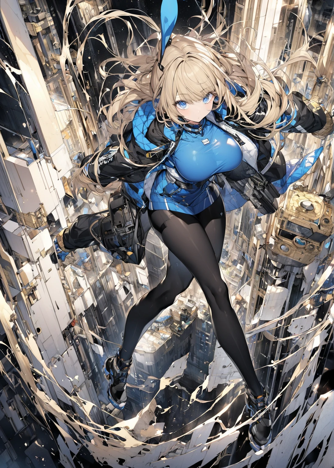 Blonde　 blue eyes　 medium hair　 Big Breasts 　 tight clothes　　 rabbit ears　 full body view　 dull bangs　 jacket　 black tights