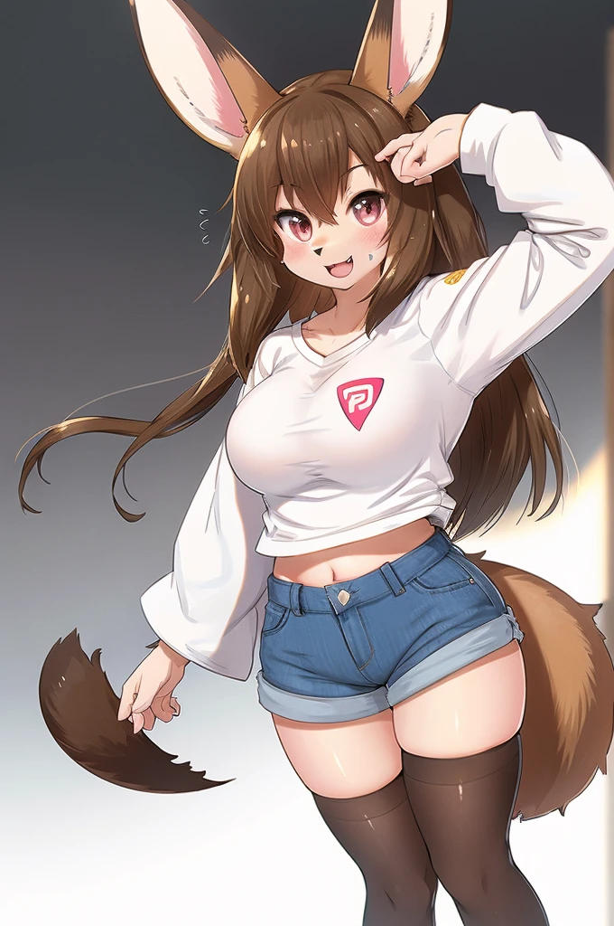 best quality,best resolution,(fluffy anthro furry :1.6),calico cat girl,medium breasts,brown hair,(yellow fur with striped fur),long hair,green eyes,glistering eyes,sparkle eyes,(blue camisole),( denim shorts),glasses,circle necklace,stand,morning,in front of house,full face blush,looking back,(heart expression eyes),(heart eyes),passionated face,smile,open mouth,back view