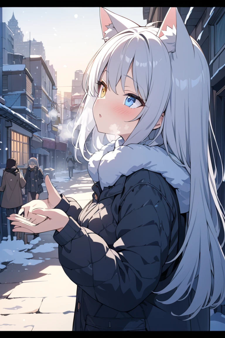 insanely detailed ,ultra detailed ,top quality ,best quality ,highres ,One girl, Long Hair, Cat ears, White Hair,heterochromia ,Right eye yellow,Left eye blue,anime, Best best quality Quality, medium breasts , beautiful,best quality,extremely detailed,cinematic lighting,glow,beautiful detailed eyes,warm steam,outdoor,breath,looking up,cupping hands,A little snow is falling,quilting Down jacket,solo focus,fur,Winter city,from side,exhale white breath,Looking up at the sky