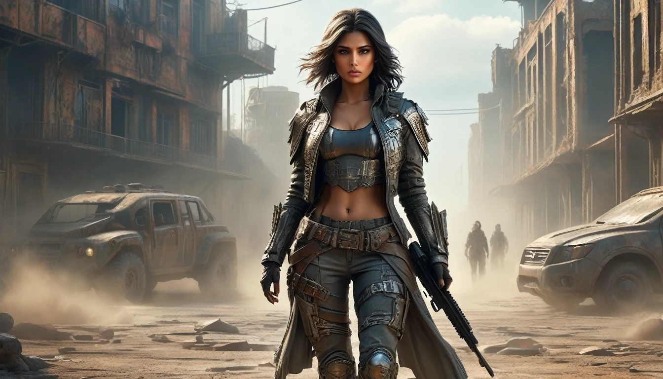 A full-body turned around view, highly detailed and photorealistic depiction of a Persian female post-apocalyptic warrior. She exudes confidence and resilience, wearing a scratched silver combat suit with intricate biomechanical details and a weathered leather jacket layered over her armor. Wearing a hat with crow feathers , apocalyptic soldier gear, with subtle tactical designs. The outfit includes gradient lighting effects reflecting off metallic surfaces, emphasizing the advanced technology of her attire. Her ensemble combines elegance and functionality, adorned with carefully detailed straps, holsters, and protective gear. She carries a futuristic weapon, a hybrid rifle with glowing accents. Her boots are reinforced with rugged detailing, suitable for traversing harsh terrains. The background shows a post-apocalyptic urban wasteland bathed in dramatic lighting, with dust and ruins framing the scene. The character is ready for action, her determined gaze capturing the spirit of survival. Perfect for a dynamic shooter game character.
