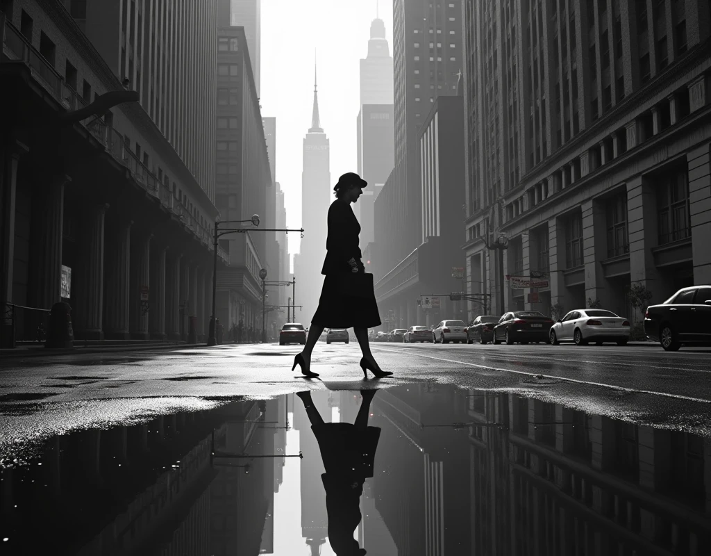 Realistic, theme is "city reflected on the water surface", city after rain, shadow of building reflected in puddle on road, woman walking on sidewalk in business district, snapshot of daily life on Wall Street in the United States in the 1960s, artwork, monochrome images, sophisticated design, advanced lighting technology, live-action photos 8K quality