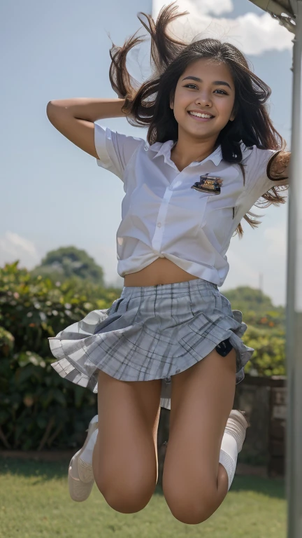 An indonesian sweet beautiful  high school girl jumped and flying so  high  on trampoline, spreading wide legs, very preety and georgeus face, slim beautiful body, about seven teen years old, all her clothes and hairs are very messy and blowing up so her very thin full  see through white semi transparent   panty exposed visible clearly, her grey skirt blowing folded up, cheerful cute smiling,  very detail, very realistic, no cartoon, the best, sensual artistic appearance, this picture taken using DSLR Canon camera, 