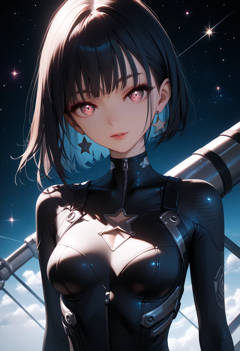 4K,   dynamic angle  ,  ultra-detailed  ,  illustration,   close-up , directly,   1girl, 
 (( bodysuit:1.4,)),Her eyes shone ,  like Metal Stars ,(  Beautiful and expressive eyes :)(  standing device ), detailed costume, cutout