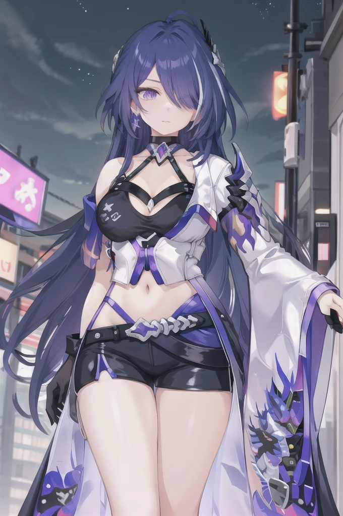 ( extremely detailed CG,  best quality:1.1),  1 girl,  perfect face,  Bright Eyes , ( beautiful finely drawn eyes:1.1), shiny skin,  shiny skin,  wide hips,  thin waist, The hair covers one eye , bangs, Gloves,  black shorts,  earrings for a woman alone,  boots,  clevis, シングル太ももハイ boots, Asymmetrical footwear,  jacket, Asymmetrical sleeves ,  Hair Ornament , Expressionless, city, science fiction,  neon light,  starry sky , 