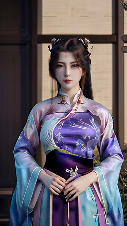 1 beautiful Van Hi girl in hanfu dress, A 27-year-old girl with an old lady's face, korean-doll, Thin purple silk shirt，Multi-white texture, white lace top, long platinum purple ponytail, hair adornments, ear jewelry, necklace and necklace , Carefully drawn large light purple eyes, meticulous makeup, Thin eyebrows, High nose, Nice red lips, Without smiling, pursed lips, rosycheeks, Enlarged breasts, Huge breasts, Well-proportioned breasts, Slim waist, purple mesh socks, chinese hanfu style, fictitious art textures, vivid and realistic colors, RAW photos, Realistic photos, ultra high quality 8k surreal photos, Fantastic lighting effects, 10x pixel, Magic effects (Historical architectural background: 1.8), Super detailed eyes, girl portrait, Girl Alone, (Historical Hanfu: 1.8)