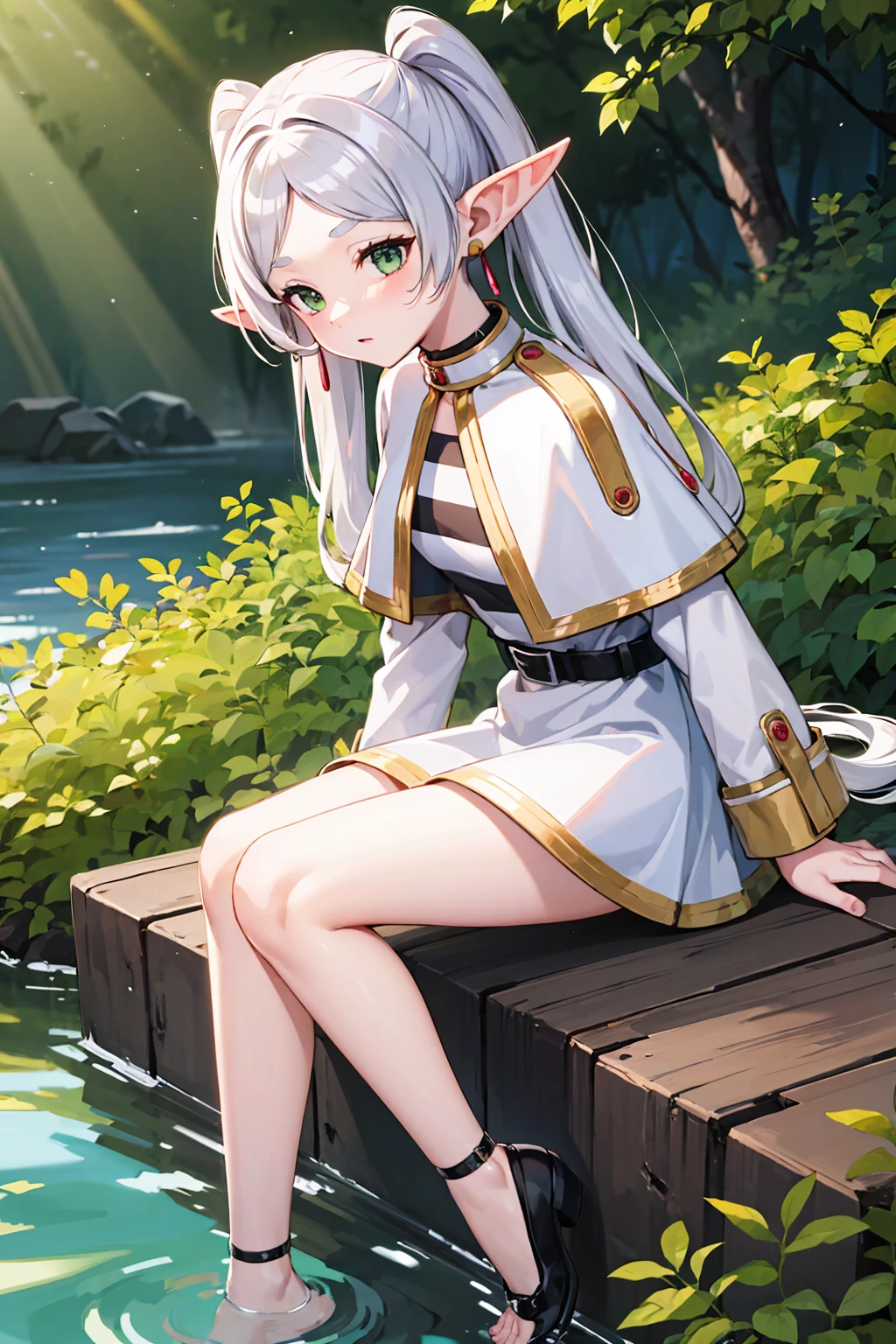 ( best quality,Strange Results :1.3), 1 girl, intricate detail dealing with 3 tentacles,Natural Face,forest, River in the background, spring,sitting,leg up,panty pull,panties around ankle, small breasts, Long Hair, Gray Hair,  twin tails, pointy ears,  earrings for a woman alone,  thick eyebrows, White Capelet,  Striped Shirt ,  Long Sleeve , belt, White Skirt