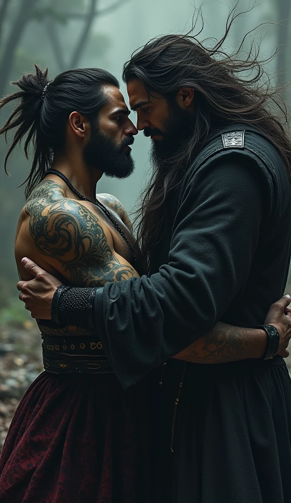 Two men posing together back and forth,Wear tight leather clothes and coats、High boots、Wearing nipple ring stud earrings,Sexy and energetic,The pectoral muscles are firm and powerful;A man with long hair and messy faces, with well-proportioned faces、A man with a bald head, thick eyebrows, European and American silhouette, and a tall figure,Both have beards,The scene is in the ranch,rays of sunshine,The atmosphere is happy and harmonious,There is love in the eyes,Look ahead。The bald man is a highly detailed portrait of the halo of the sun god Jesus Christ,The long-haired man is a highly detailed portrait image of the halo of the Buddha Sun God,unreal-engine,The Art of Mark Leyden,globalillumination,Behind the light,detailed and complex environment,Elden Ring style