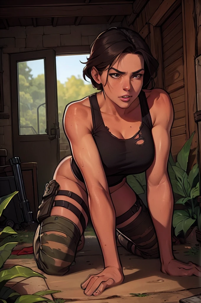 [((1Solo female))], (Lara Croft), ((1animatedgirl)), masterpiece:1.2, best quality), (highly detailed:1.3), in jungle, mud puddles, ripped clothing, scars and cuts on her body, on the move, angry focused face, tomb raider, tight clothing, blood, sweat, wet, worn out ripped kaki pants, worn out brown boots, worn out ripped black tank top, Nsfw, nude, erotic, lewd, full body view, full face view, half naked. Exposing naked body.