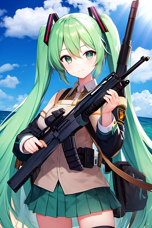 (Standing) Hatsune miku in soldier uniform holding a M1 garand gun in her hand