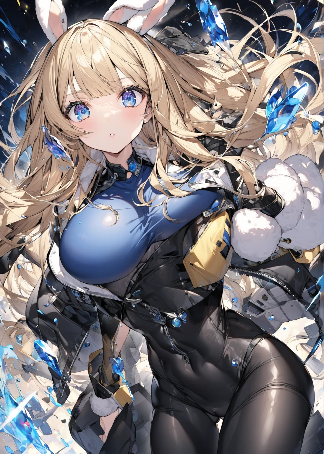 Blonde　 blue eyes　 medium hair　 Big Breasts 　 tight clothes　　 rabbit ears　 dull bangs　 jacket　 black tights