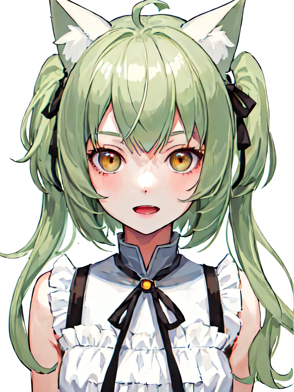 ”Facing directly forward”,“looking straight into the camera”,head shot,1girl,standing in honor,frontal face,white background,Green hair,bob hair,bob style,hairs between eyes,cat ears,ahoge,arms at sides,Alone,looking at biewer,open mouth,smile,upright,face closeup,frontal face, short hair under the eaves of the store、 pure white background、Pure white background、Blank background、 bob cut from the front、 masterpiece