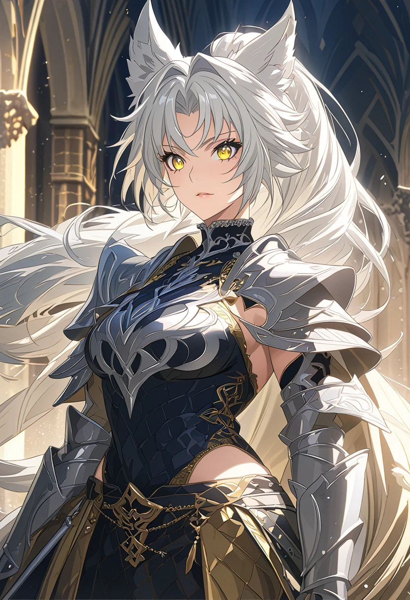 beautiful anime woman in knight armor, wolf ears, wolf tail, half wolf and half human, yellow eye color, white hair in a ponytail, feminine ass and hips, light novel art, detailed anime art, 4k, anime, cute confident expression, warrior, cool, pretty, warrior princess, elegant, regal, royal, sexy, thicc, wearing a skirt and leggings, close up shot of face, detailed beautiful feminine facial features