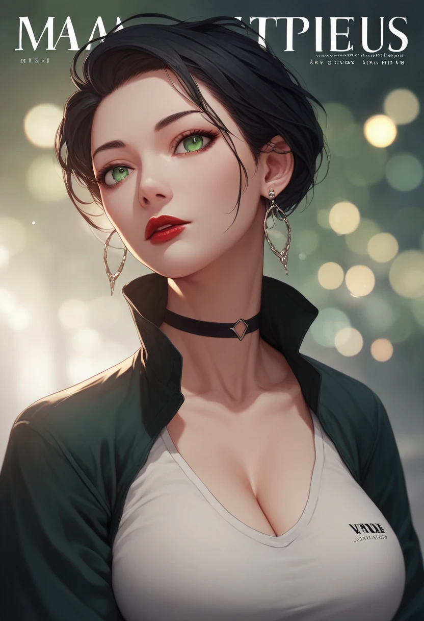  portrait ,  magazine cover, outdoors, bokeh background,  depth of field , Beautiful woman red lips ,  very short black hair ,  green eyes, choker, earrings,  long sleeve polo shirt with high collar black, ( big breasts) ( masterpiece) , ( The best quality ), absurd, intricate details, ( highly detailed skin ),