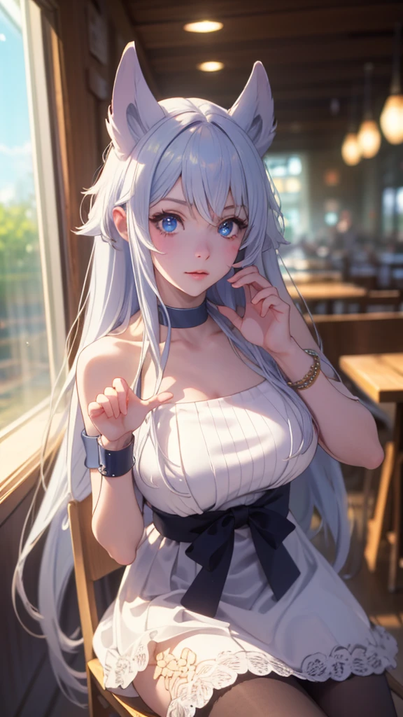 Upper body, photorealistic, (4k), depth of field, (Masterpiece), (realistic skin texture), extremely detailed, intricate, hyper detailed, professional photography, White sweater, White Skirt, Ehite pantyhose, bokeh, high resolution, sharp detail, best quality, girl, white hair, long hair, animal ears, blue eyes, white dress, bracelets, bare shoulders, blue ribbon, chocker, gladiator sandals,dynamic pose, (Random Pose),  Sit on chair in Cafe