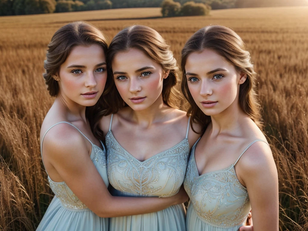 A beautiful girl in an Irish field, flat chested, two girls hugging each other from an overhead view, extremely detailed face, beautiful eyes, beautiful lips, long eyelashes, elegant dress, romantic, warm lighting, glowing skin, photorealistic, 8K, highly detailed, masterpiece, digital art, realistic, studio lighting, vibrant colors, dramatic lighting