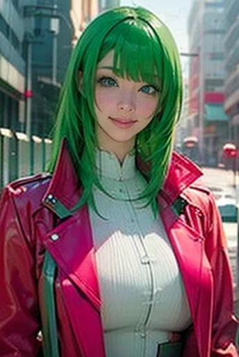  portrait of a beautiful female model in Natope ., Georgia Fowler,  Facial beauty, Long green hair, Cyberpunk City Afternoon. She is wearing a red long coat., Jeans Negros,  Dramatic Lighting , (Police Badge:1.2)