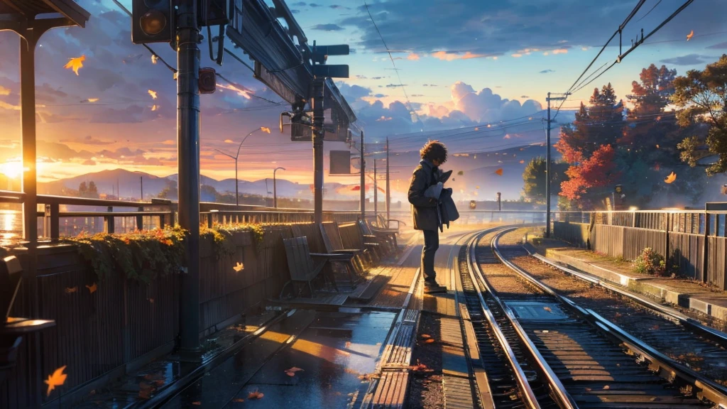 Create an emotionally charged scene depicting a lone figure's unwavering devotion:

Main scene:
Standing at an empty train platform at dusk, a young man remains motionless, as if frozen in time. His silhouette is framed against a backdrop of autumn maples, their crimson leaves dancing in the wind like memories that refuse to fade. The setting sun casts long shadows across the weathered wooden planks, stretching his solitary shadow into a elongated reminder of his isolation.

Atmospheric elements:
- Golden hour lighting with strong emphasis on shadows and warm tones
- Swirling autumn leaves in shades of red and gold
- A distant horizon where train tracks disappear into the mist
- Scattered fallen petals from a bouquet of withered flowers at his feet

Character details:
- His posture should convey both determination and defeat
- One hand loosely holding onto a slightly crumpled letter
- Clothing that suggests he's been there for hours, slightly disheveled
- A gentle, melancholic smile that speaks of foolish hope

Emotional undertones:
- Bittersweet acceptance of unrequited love
- The beautiful foolishness of waiting for someone who won't return
- A quiet strength in choosing to hold onto love, despite knowing it's futile
- The contradiction between emotional wisdom and emotional action

Technical focus:
- Emphasize the contrast between warm sunset lights and cool shadow tones
- Create depth through layers of atmospheric perspective
- Use selective focus to draw attention to meaningful details
- Incorporate subtle motion elements (falling leaves, distant birds) to contrast with the stillness of the main figure

Key symbolism:
- The vanishing point of the train tracks representing unreachable dreams
- Withered flowers symbolizing faded love
- Autumn setting as a metaphor for endings and change
- Long shadows suggesting the passage of time

Style and mood:
- Cinematic composition with emphasis on negative space
- Soft, dreamy edges but with sharp emotional clarity
- A co