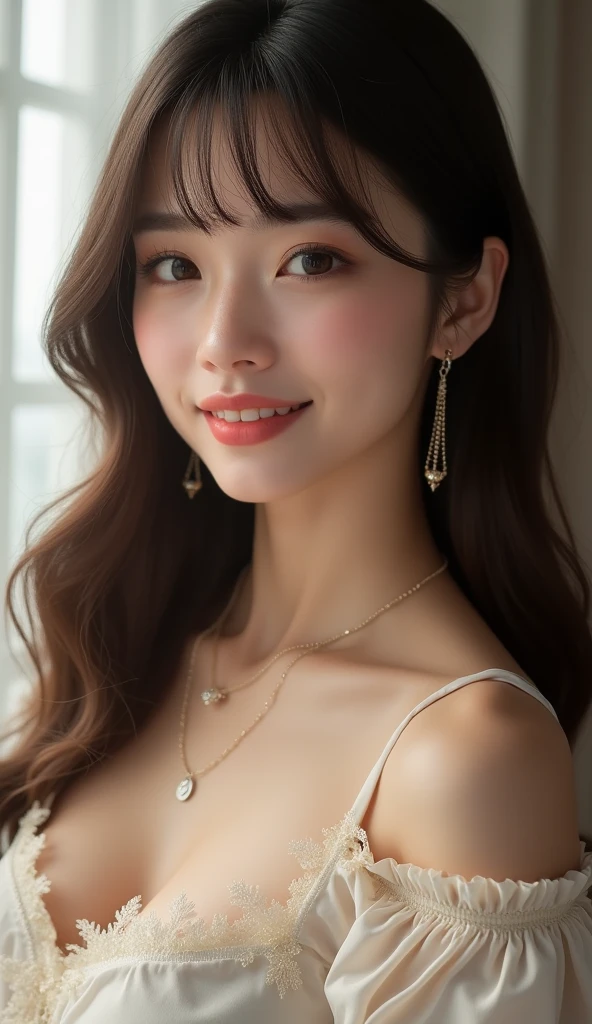 (top-quality、8k、masterpiece:1.3)、Beautiful Women in Perfect Figure:1.4、dark brown hair、Wearing a pendant、In the room、extremely detailed face and skin、A detailed eye、二重まぶた、huge tit、a smile