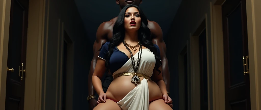 in 405 A.D, 5 big black daddy, short royal afro hair, fulll grown facial hair, charcoal dark skin, very well built body muscular with a muscular big belly like a minatour shirtless, super hairy, has visibly big nipples inside roman bath with ruin, hands on his pregnant roman 1 wife belly, white skin, woman hands around husband neck, both wearing anicent short swimming pants