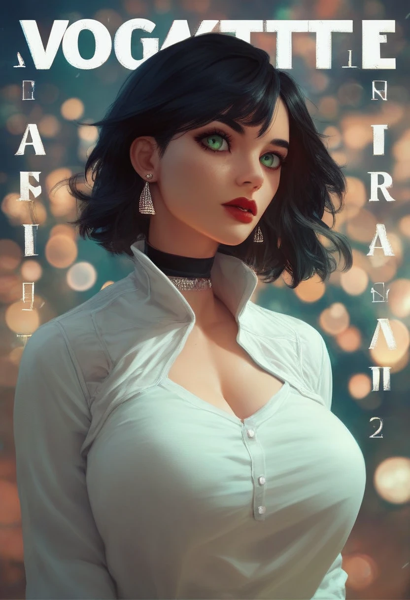  portrait ,  magazine cover, outdoors, bokeh background,  depth of field , Beautiful woman red lips ,  very short black hair ,  green eyes, choker, earrings,  long sleeve polo shirt with high collar black, ( big breasts) ( masterpiece) , ( The best quality ), absurd, intricate details, ( highly detailed skin ),