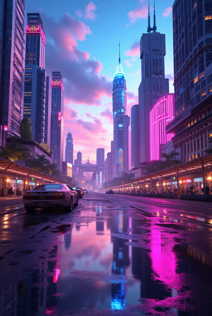 (Photos of futuristic cities looking up)、Tilt up、( very detailed:1.2)、( Complex future skyscrapers in the background:1.1)、( Future City reflected in a puddle :1.5)、 neon color 、Mobile motion trajectory 、Precise Details 、( global lighting)、 high definition 、 film grain