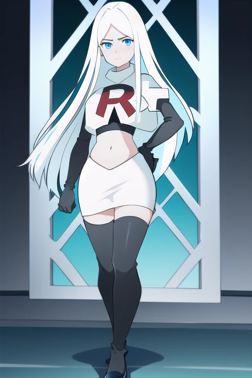 (8k) (high res) (best quality) (masterpiece) blue_diamond, white hair,long hair, blue skin,colored skin,  blue eyes, team rocket,team rocket uniform,white skirt,red letter R,crop top,black thigh-highs,black elbow gloves