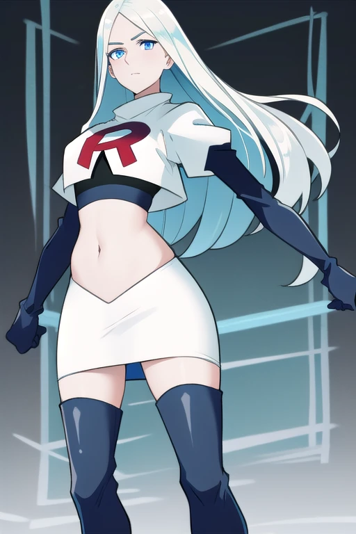 (8k) (high res) (best quality) (masterpiece) blue_diamond, white hair,long hair, blue skin,colored skin,  blue eyes, team rocket,team rocket uniform,white skirt,red letter R,crop top,black thigh-highs,black elbow gloves