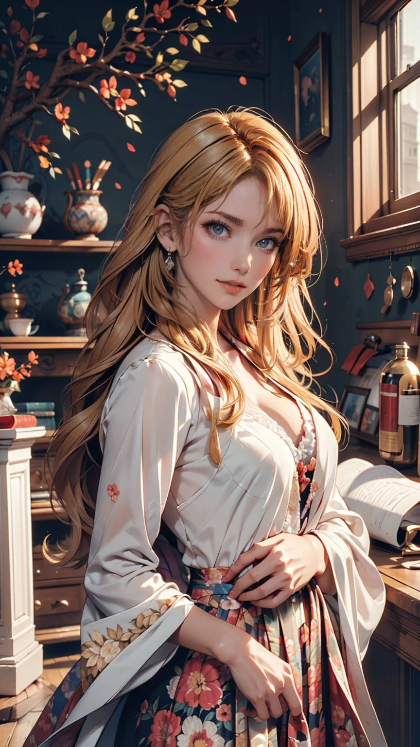 18 year old beautiful girl, Big eyes, Big Breasts, Small and slim, 8k, highest quality, (Highly detailed head: 1.0), (Highly detailed face: 1.0), (Very fine hair: 1.0), Maid clothes, Highly detailed official artwork, Anime Moe Art Style, Beautiful and detailed anime art, smile, Blonde, Sleek Long Hair