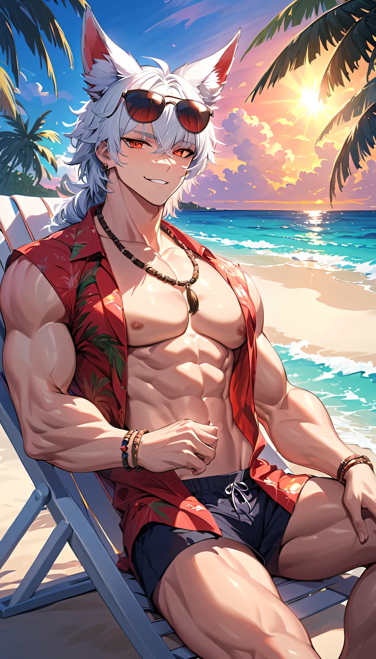 A young white haired man with ruby eyes in a pirates's outfit is smiling on a tropical island