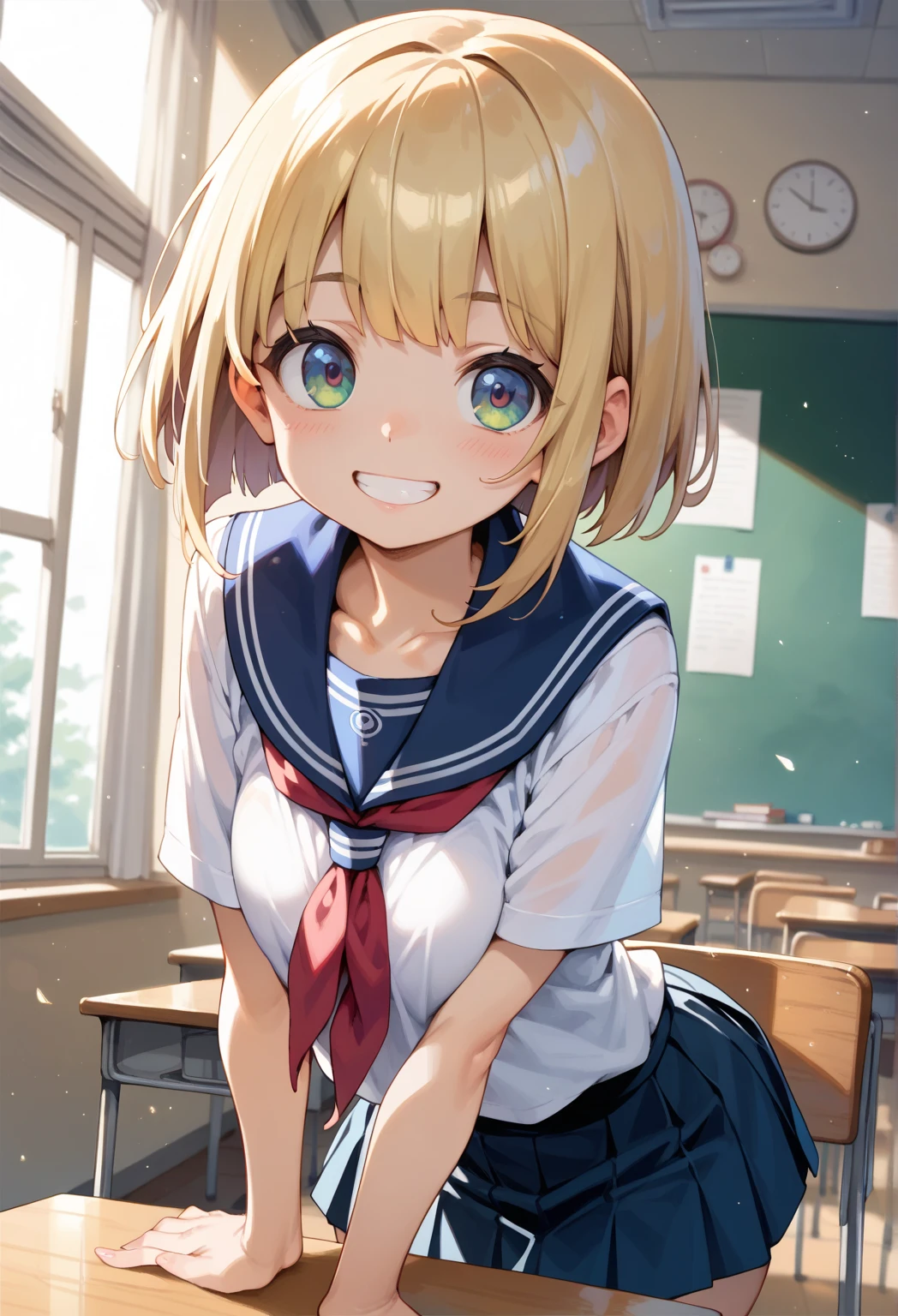 megami magazine ,big breasts,girl,(((**li))),(((cute))),(((***ite))),classroom,(bobcut),blonde hiar,grin,classmates for girl,school uniform