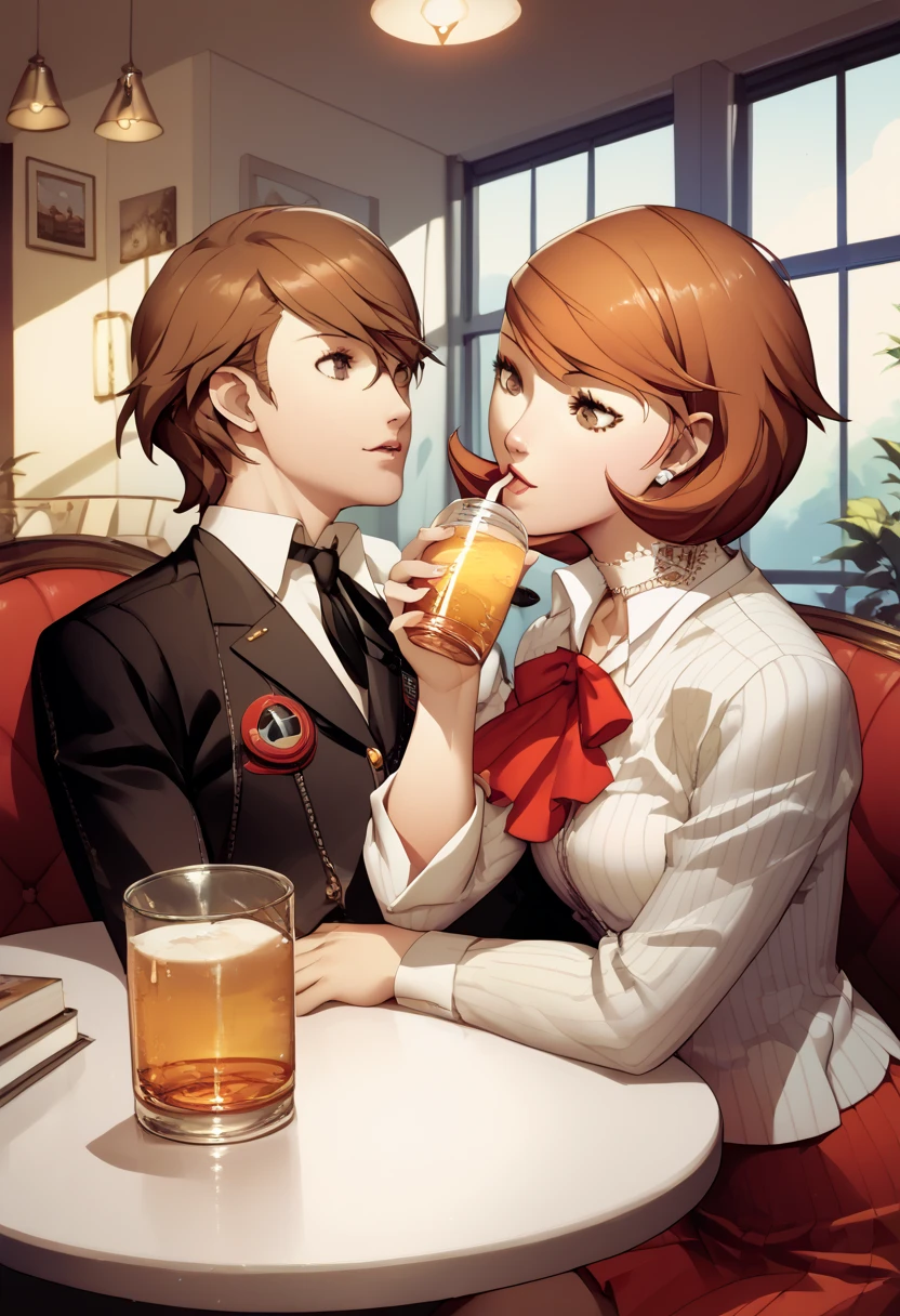 yukari takeba, person 3, beautiful,  short brown hair , School clothes,  drinking alcohol,  hotel room 