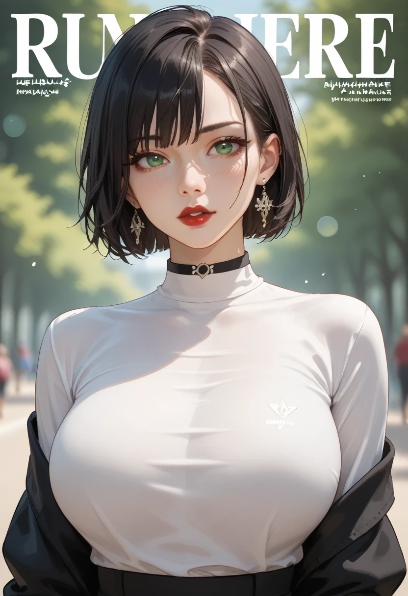  portrait ,  magazine cover, outdoors, bokeh background,  depth of field , Beautiful woman red lips ,  very short black hair ,  green eyes, choker, earrings,  long sleeve polo shirt with high collar black, ( big breasts) ( masterpiece) , ( The best quality ), absurd, intricate details, ( highly detailed skin ),