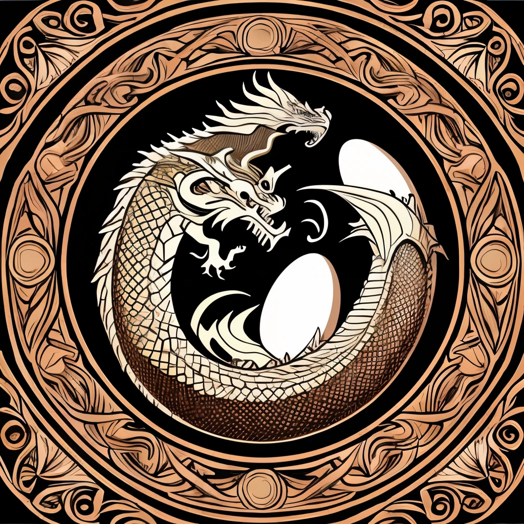 a close up of a carved egg with a dragon inside, vector art by Matt Stewart, trending on polycount, art nouveau, newly hatched dragon, dragon eggs, avatar image, hatching, dragon in dragon lair, digesting a small dragon, smaug, the devil in hell as a dragon, dragon vore art, dragon’s lair, dragon's lair