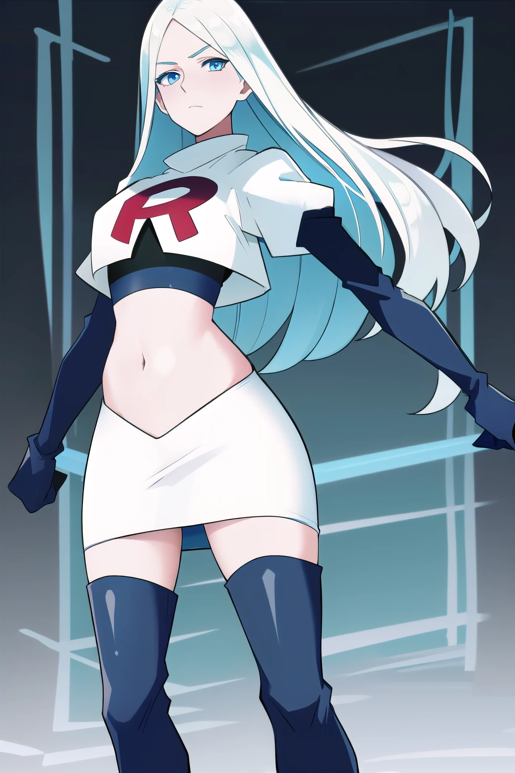 (8k) (high res) (best quality) (masterpiece) blue_diamond, white hair,long hair, blue skin,colored skin,  blue eyes, team rocket,team rocket uniform,white skirt,red letter R,crop top,black thigh-highs,black elbow gloves