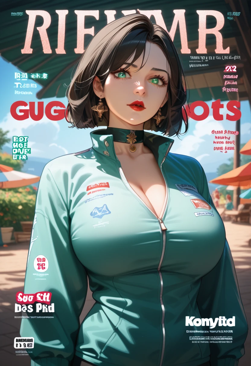  portrait ,  magazine cover, outdoors, bokeh background,  depth of field , Beautiful woman red lips ,  very short black hair ,  green eyes, choker, earrings,  long sleeve polo shirt with high collar black, ( big breasts) ( masterpiece) , ( The best quality ), absurd, intricate details, ( highly detailed skin ),